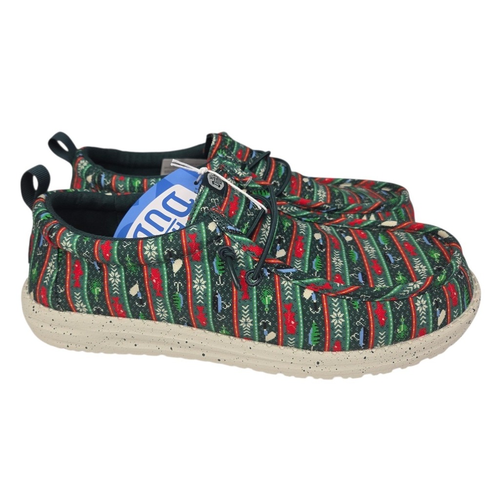 Hey Dude Wally Fishmas Sweater Shoes Mens 10 Green Christmas Slip On Loafers NWT